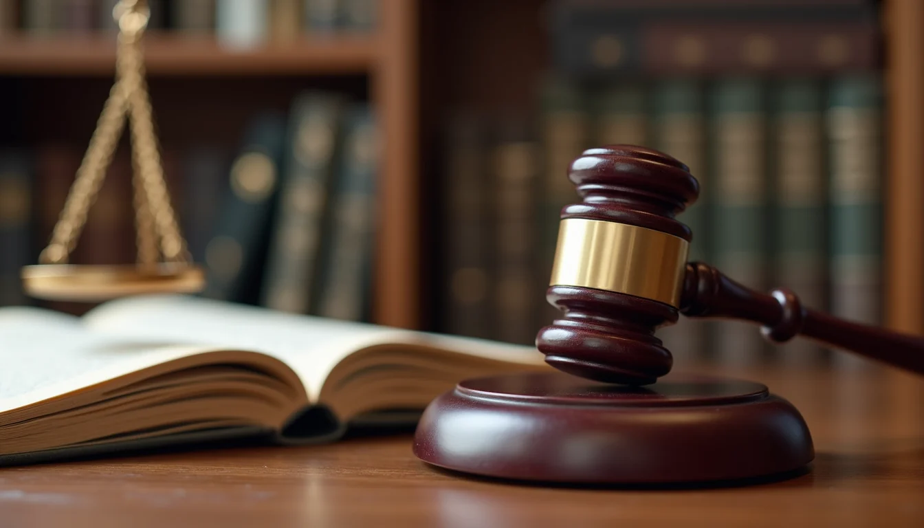 A judge’s gavel beside an open law book and scales of justice